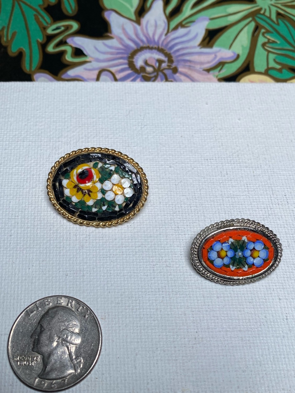 Vintage Micro Mosaic Floral Pins - Black & Orange